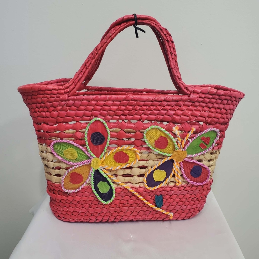 Woven Red Pink Floral Accent Tote Bag